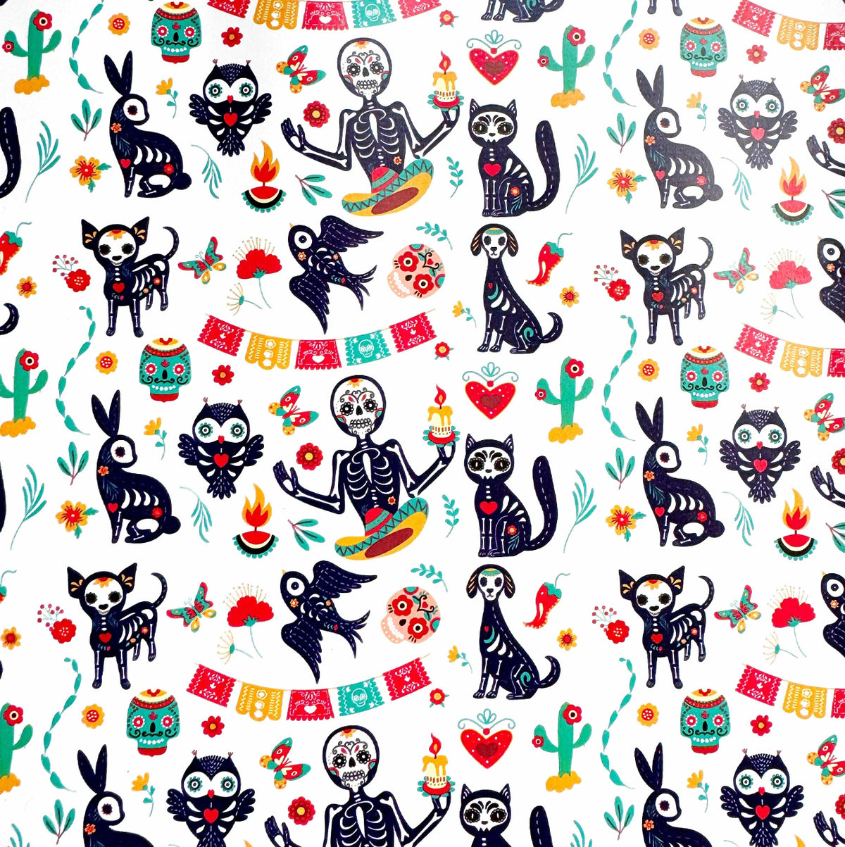 A festive, repeating pattern featuring stylized skeleton figures and animals with sugar skull designs inspired by Día de los Muertos, available as the Fiesta Sugar Skulls Printed Vinyl from Sew Hungryhippie.