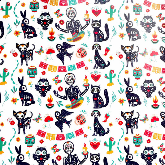 A festive, repeating pattern featuring stylized skeleton figures and animals with sugar skull designs inspired by Día de los Muertos, available as the Fiesta Sugar Skulls Printed Vinyl from Sew Hungryhippie.