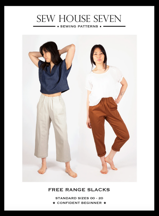 Pattern cover of two women wearing Sew House Seven free range slacks on a white background