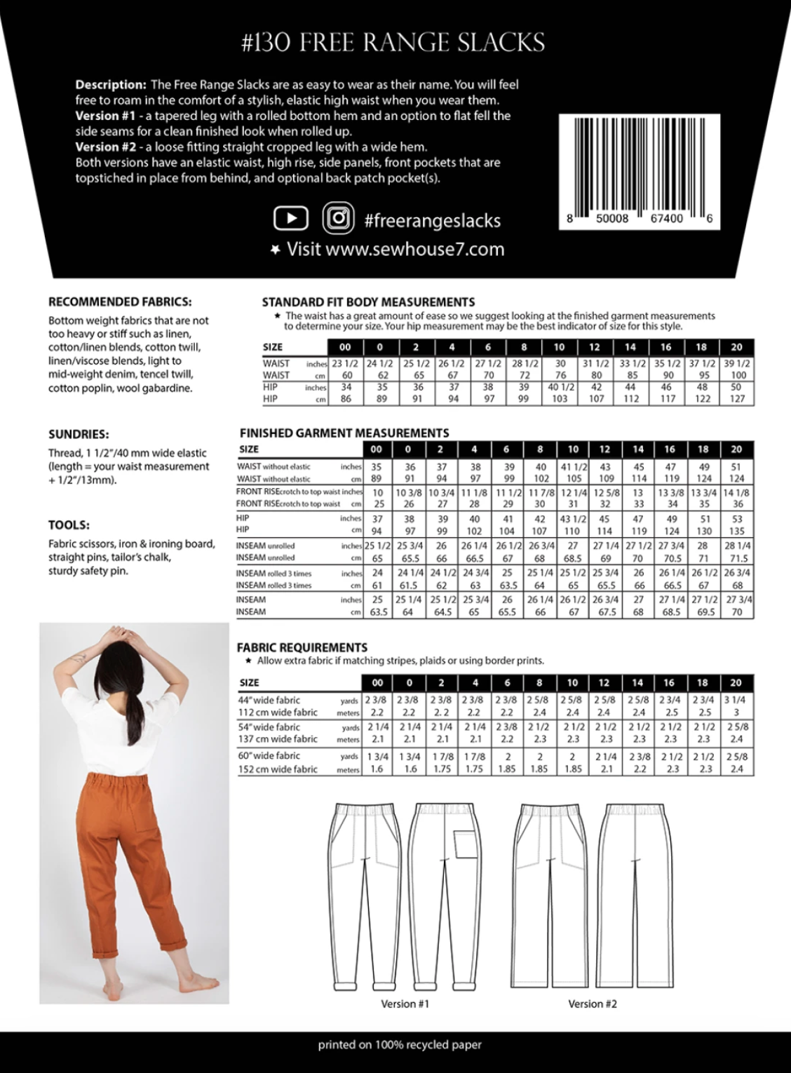 Back of a pants pattern package with measurements and fabric requirements.