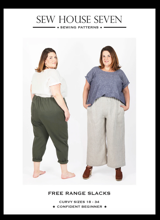 Pattern cover of two women wearing Sew House Seven Free Range Slacks on a white background