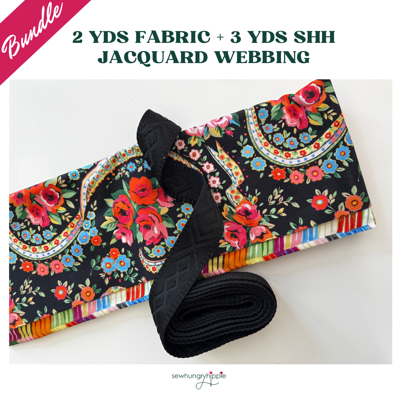 A sewing bundle featuring a folded vibrant floral fabric with red roses, blue blossoms, and multi-colored paisley borders on a black background, paired with a bundled roll of black jacquard woven webbing strap displaying a raised diamond geometric pattern.
