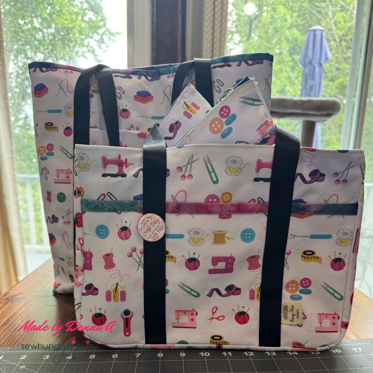 handmade bag made using sewing notions cotton fabric panel design