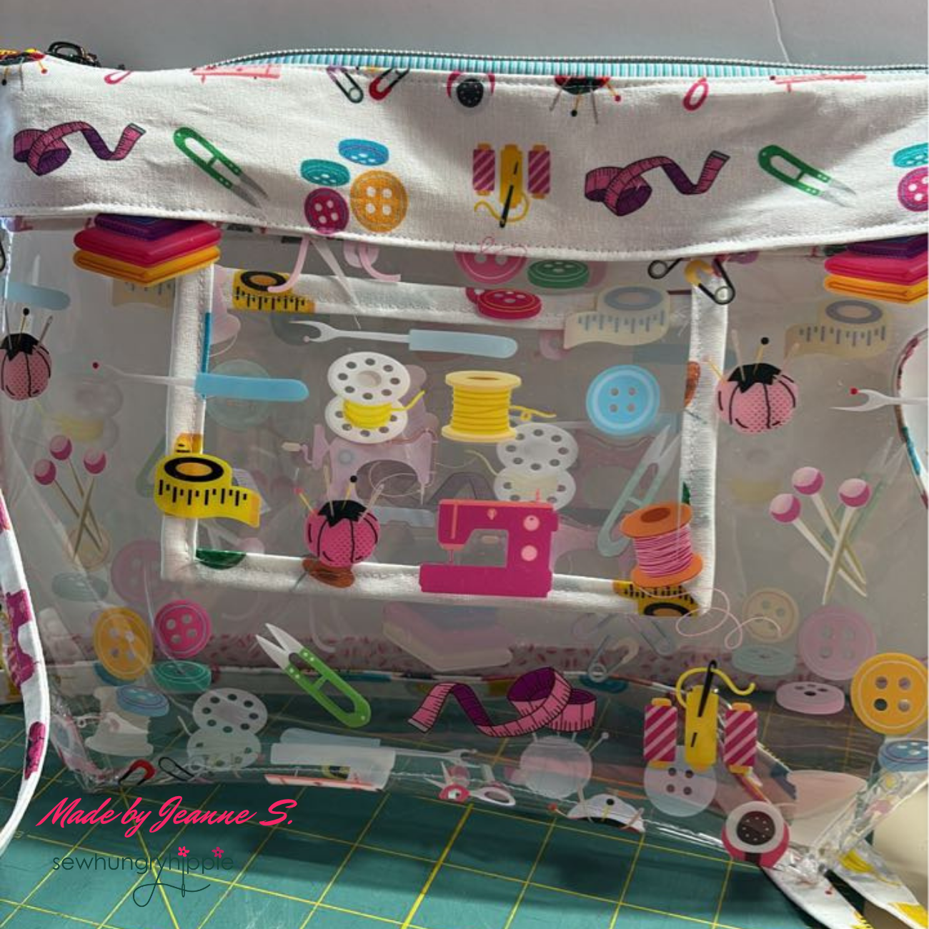 Clear handmade bag made using sewing notions cotton fabric and tpu vinyl