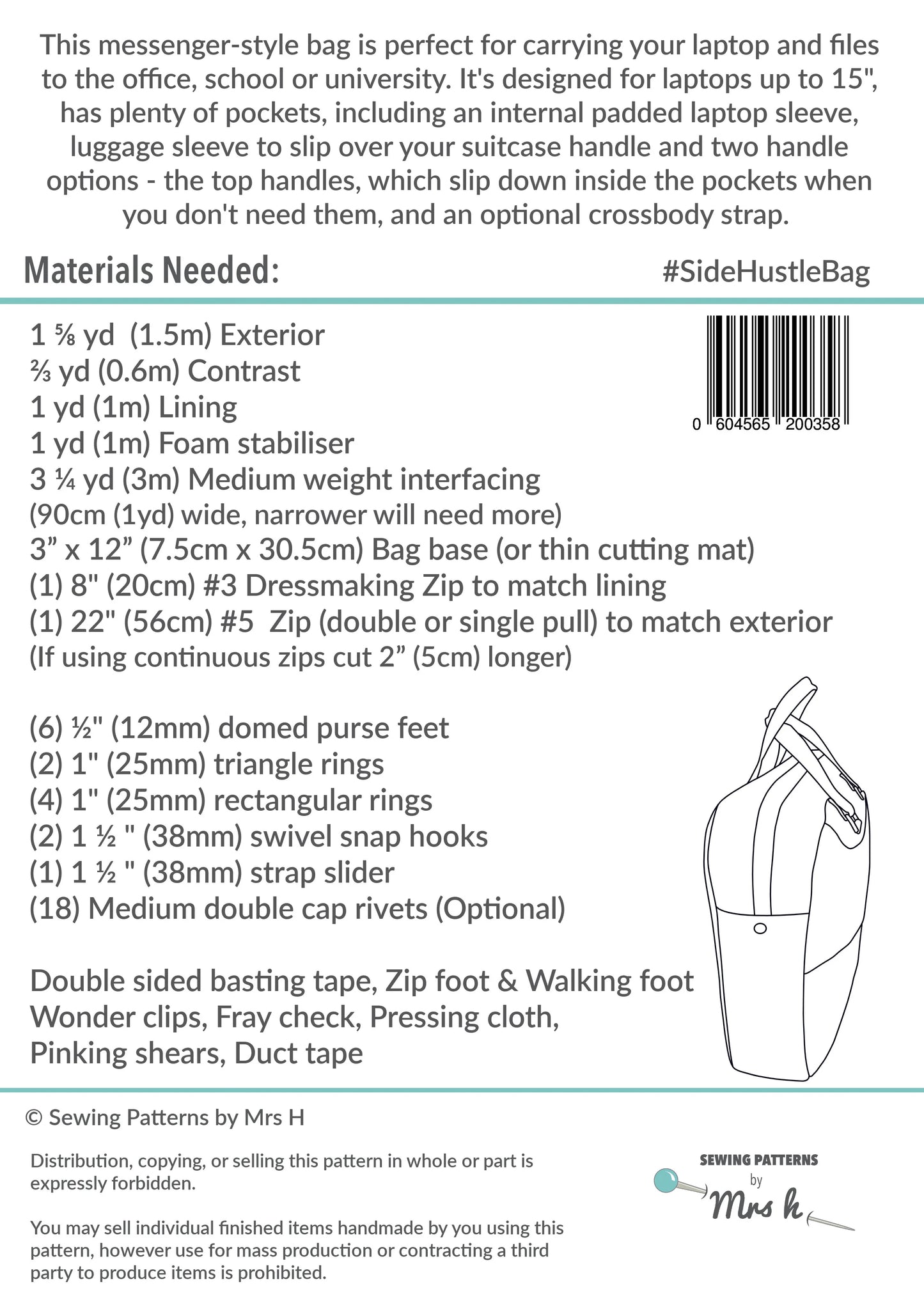 The Side Hustle Bag Sewing Pattern by Mrs H - Printed Paper Pattern