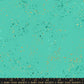 Speckled Metallic Icebox Cotton Fabric by Ruby Star Society, featuring a vibrant turquoise-teal background covered in metallic copper-gold and dark teal paint-splatter flecks.