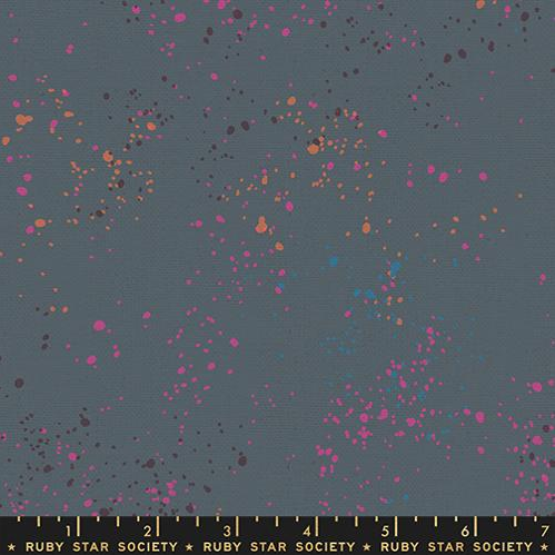 Fabric with colorful dot pattern on a blue background, labeled Ruby Star Society.