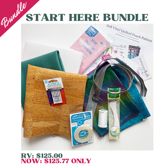 Start Here Bundle sewing kit with soft vinyl quilted pouch pattern, cork fabric, green vinyl, interfacing, zipper tape, thread, needles and basting tape