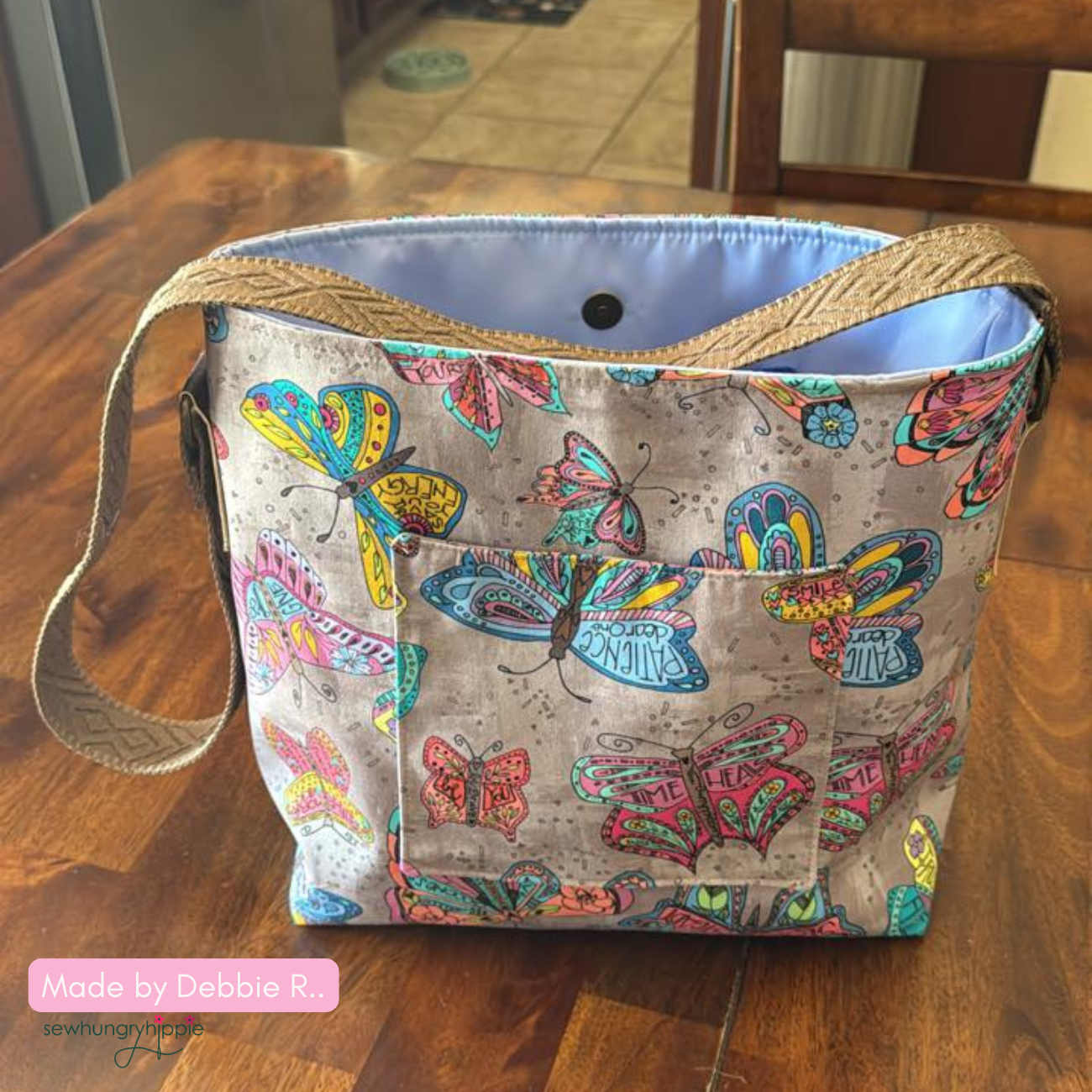Handmade bag in butterfly fabric and Bonded Nylon Periwinkle inner lining for daily carry bag