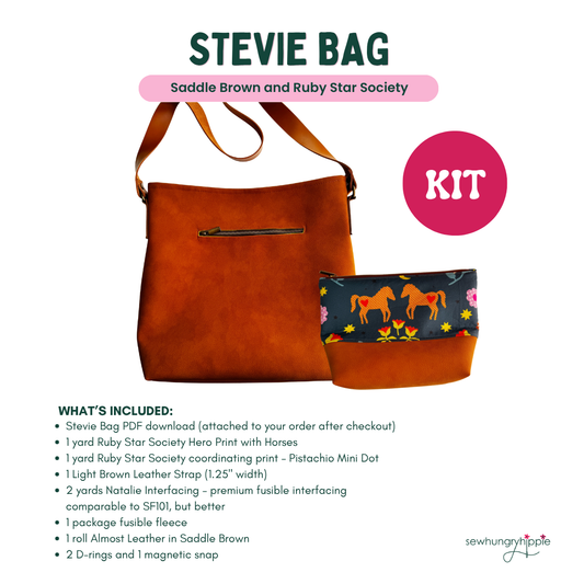 The image shows the Stevie Bag Kit in Saddle Brown and Ruby Star Society from Sew HungryHippie.