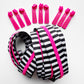 Black & white striped zipper tape with pink zipper pulls