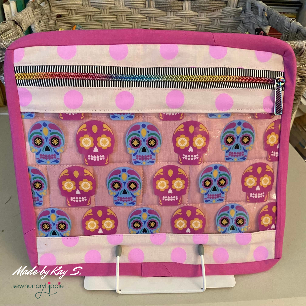 DIY sleeve organize created using sugar skull TPU vinyl for day of the dead sewing
