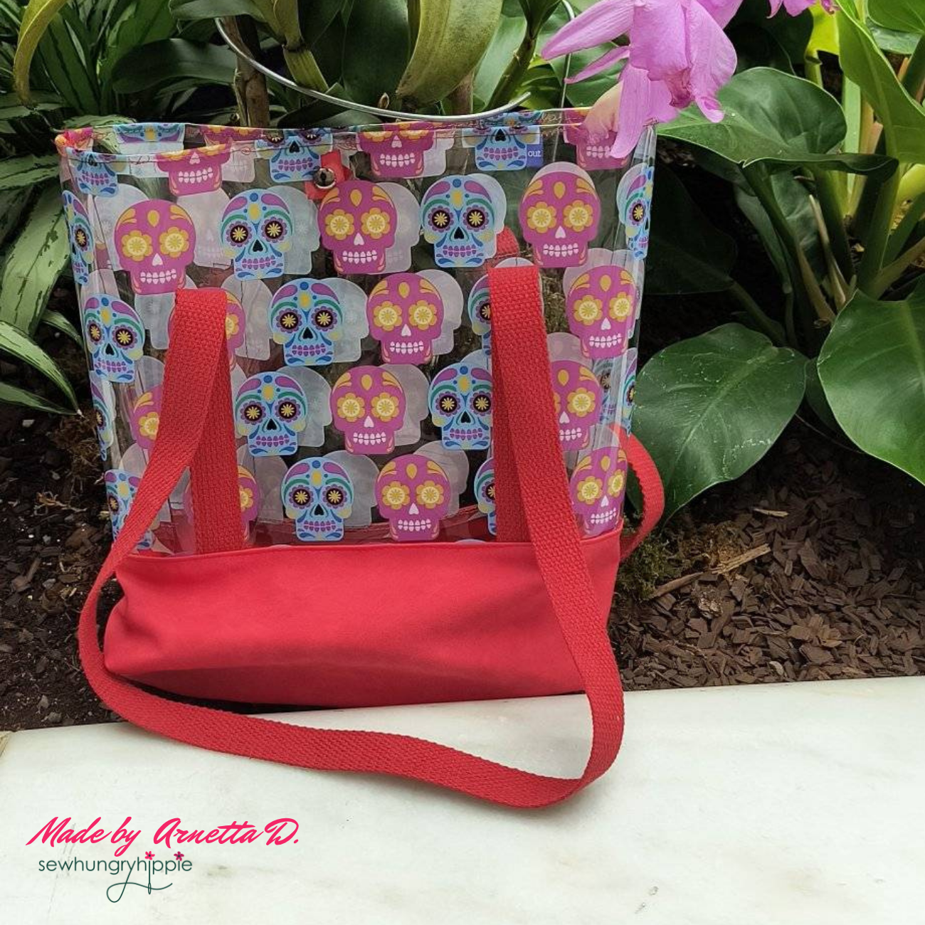 handmade clear vinyl tote with sugar skull design for craft and sewing use
