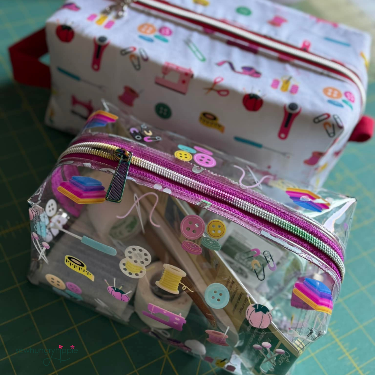 transparent vinyl with sewing tools print for zipper pouches and accessories
