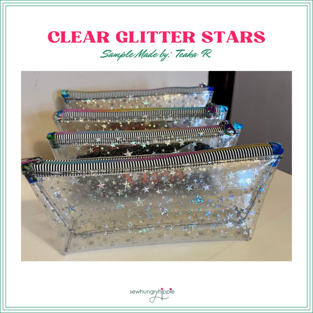 DIY zipper case created with clear glitter star vinyl for bag making