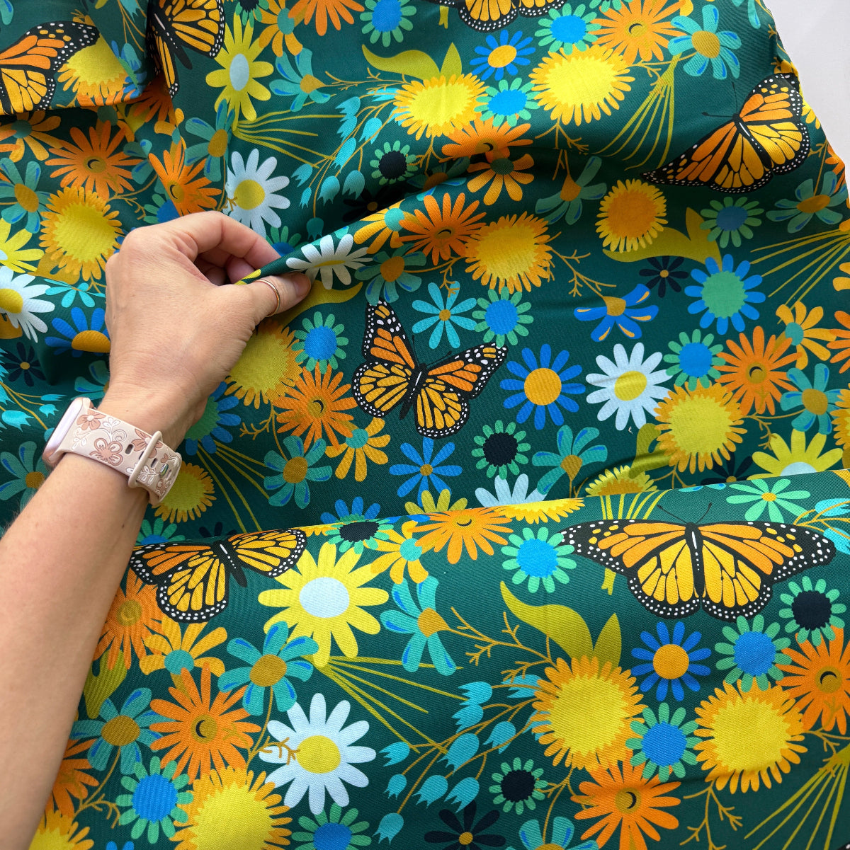 monarch butterfly fabric with 70s retro vibes
