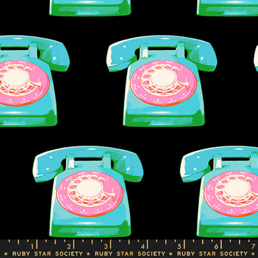 Black quilting cotton fabric with vintage telephone illustrations from Sparkle Mart by Melody Miller