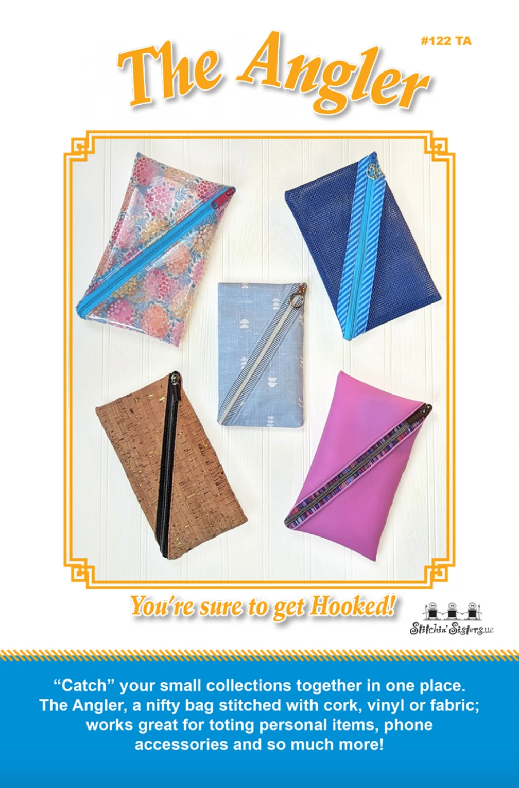 Pattern cover for 'The Angler' bags with colorful bags on a white background.