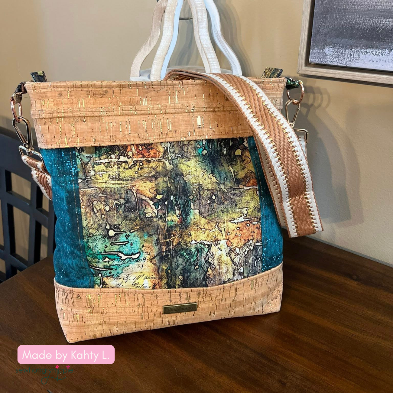 Custom Aspen Crossbody Bag made using natural brown uncork and abstract fabric with elegant handmade details.