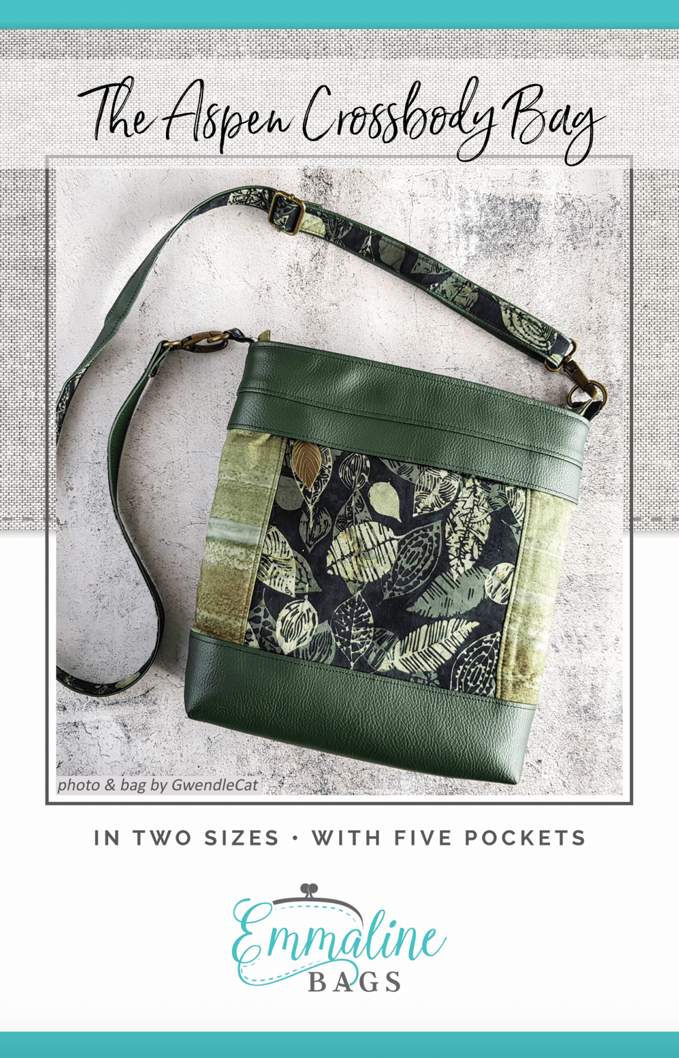 Green crossbody bag with patterned flap, shown with text about sizes and features for The Aspen Crossbody Bag, on a light gray background.