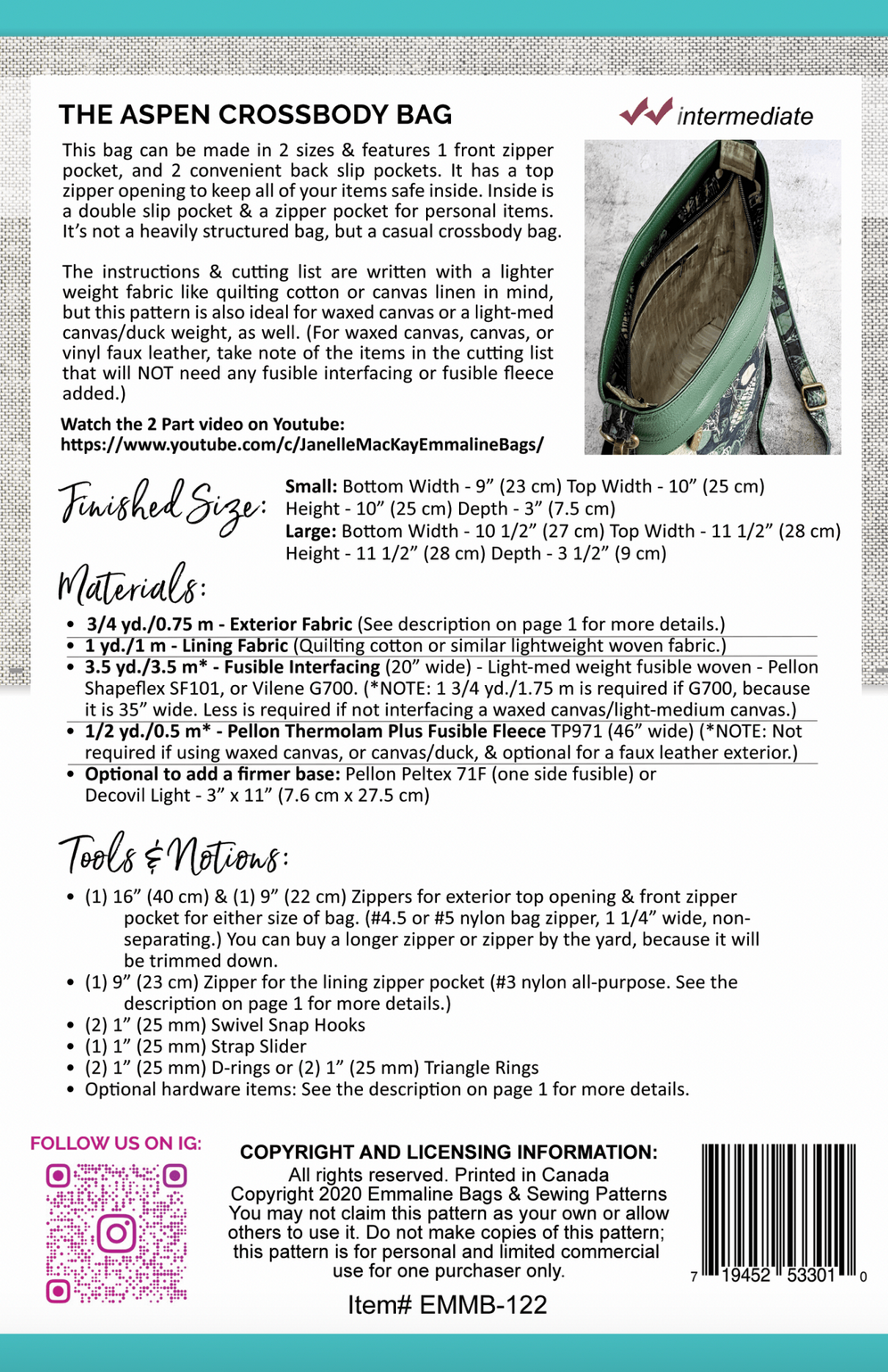 Pattern envelope for The Aspen Crossbody Bag with text and product image.