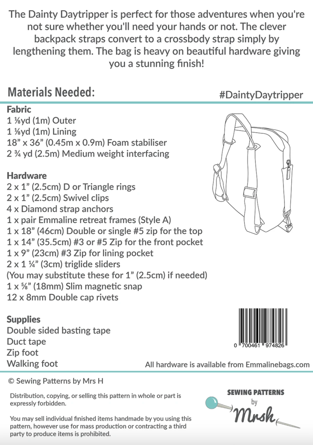Sewing pattern for a Dainty Daytripper bag with materials list and diagram.