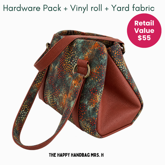 A handbag with a multicolor snakeskin-patterned body and brown faux-leather trim, shown on a white background with promotional text reading 'MATCH UP#8' and a pink 'Retail Value $55' badge. Brand text 'THE HAPPY HANDBAG MRS.