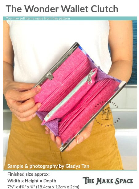 'The Wonder Wallet Clutch' pattern cover with a person holding a pink clutch with a white background