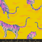 Pink tiger print cotton fabric on bright yellow background by Ruby Star Society, featuring retro-style striped tigers