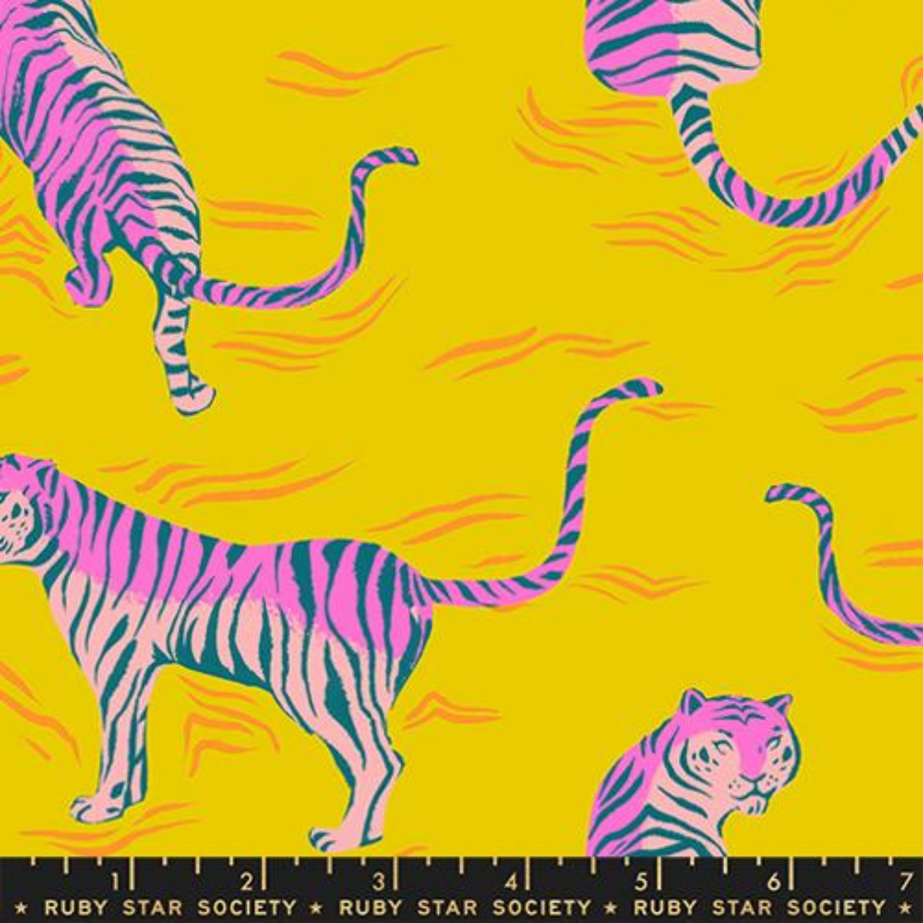 Pink tiger print cotton fabric on bright yellow background by Ruby Star Society, featuring retro-style striped tigers