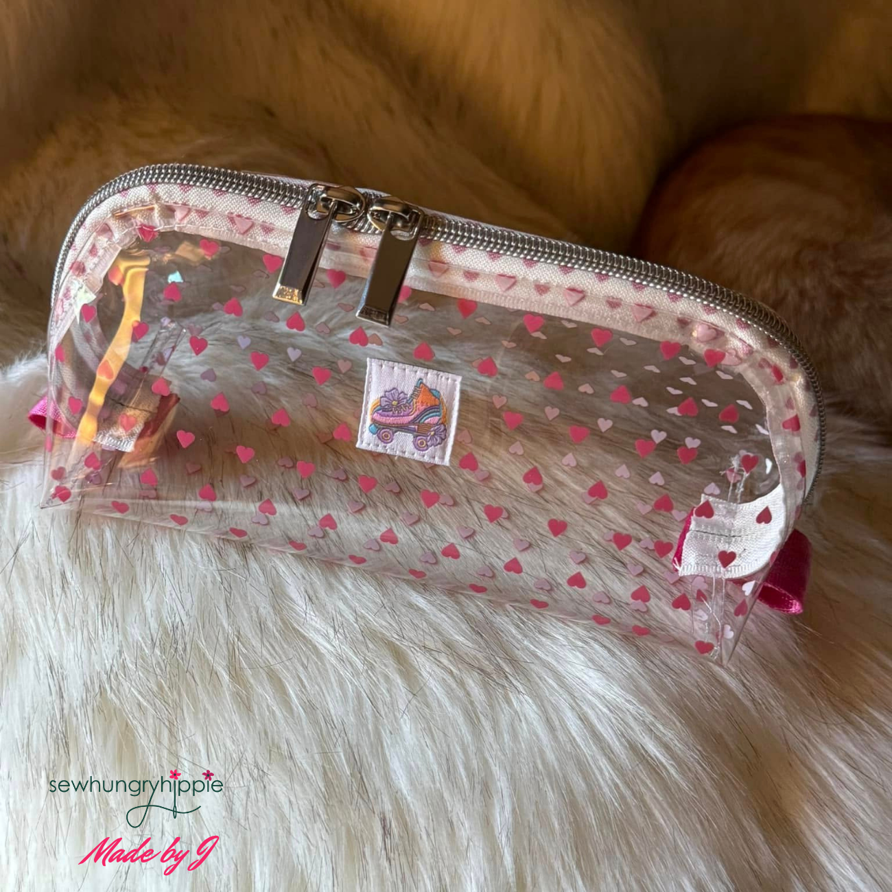 clear TPU vinyl with hot pink hearts pattern for handmade pouch