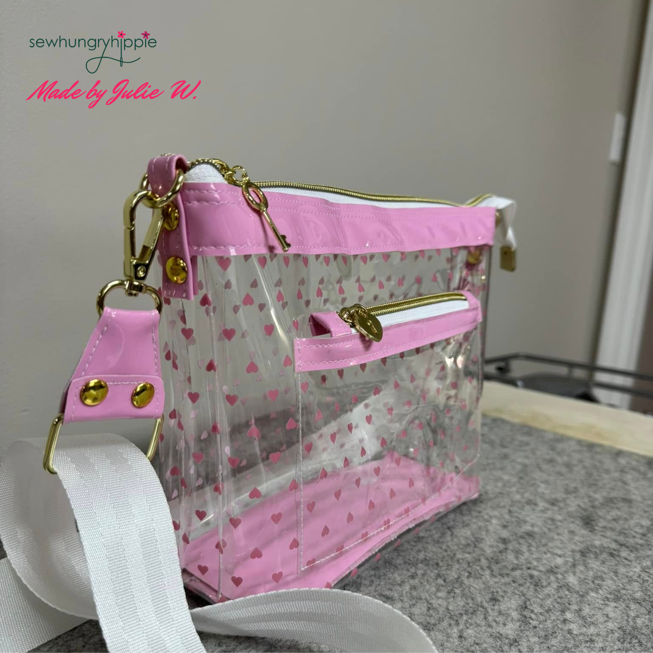 zipper purse made with hot pink heart clear TPU vinyl fabric