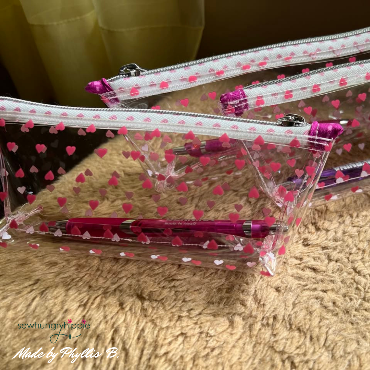 transparent vinyl fabric with small pink hearts for sewing pouches and accessories
