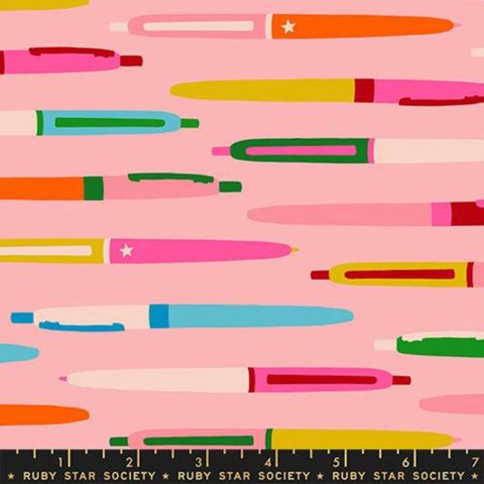 Ruby Star Society Trinketry Balmy Cotton Fabric in Pink Vintage Retro Pens