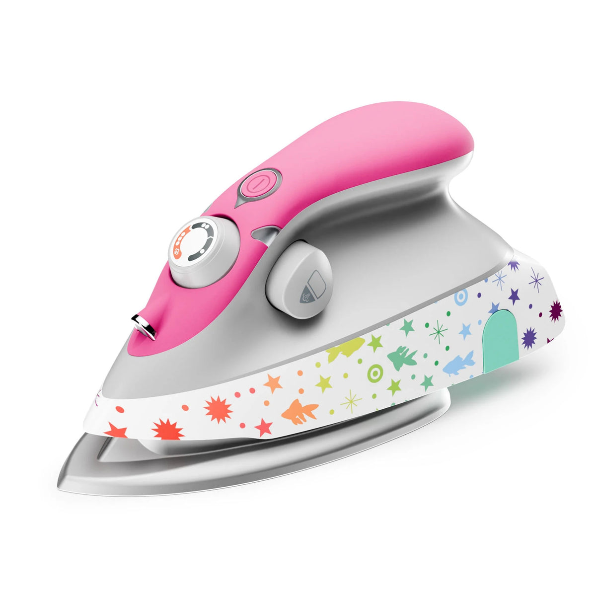 Mini Oliso iron in Tula Pink style, pink and white with colorful print