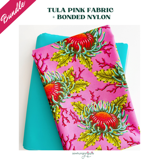 Tula Pink floral cotton fabric paired with teal bonded nylon for sewing handbags, totes, wallets, and handmade accessories.