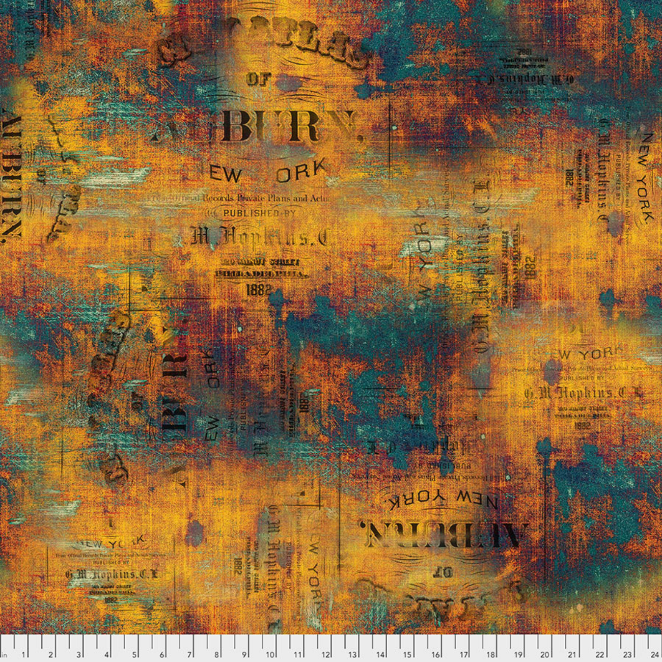 Tim Holtz Abandoned Urban Grunge Patina fabric featuring weathered industrial textures and vintage New York atlas typography in rusted orange and teal.