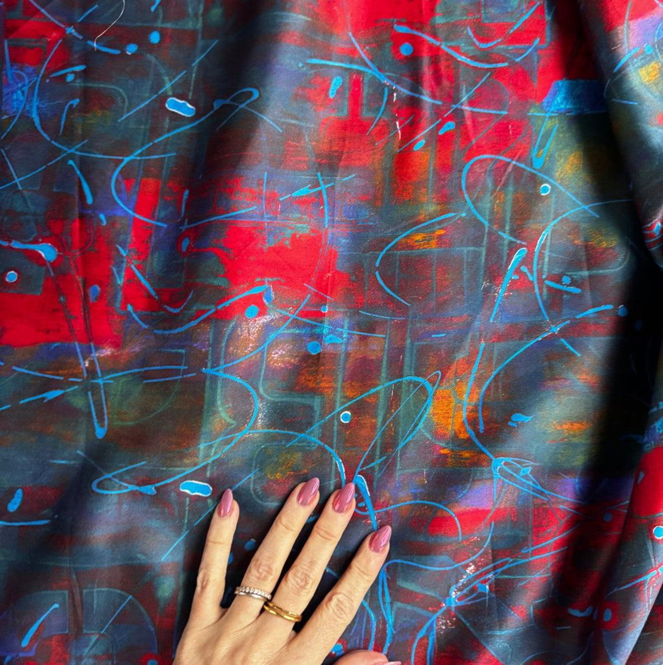 Close up view of abstract painterly design on Urban Archeology Sateen Wide Backing fabric in Sangria by Robert Kaufman, 100 percent cotton quilt backing, SKU ANJDSX-23626-320, UPC 80228283.
