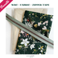 SewHungryHippie bag making bundle featuring dark green floral fabric with white botanical prints, a cream-colored water resistant canvas and a one-yard sage green zipper with metallic teeth laid diagonally across.