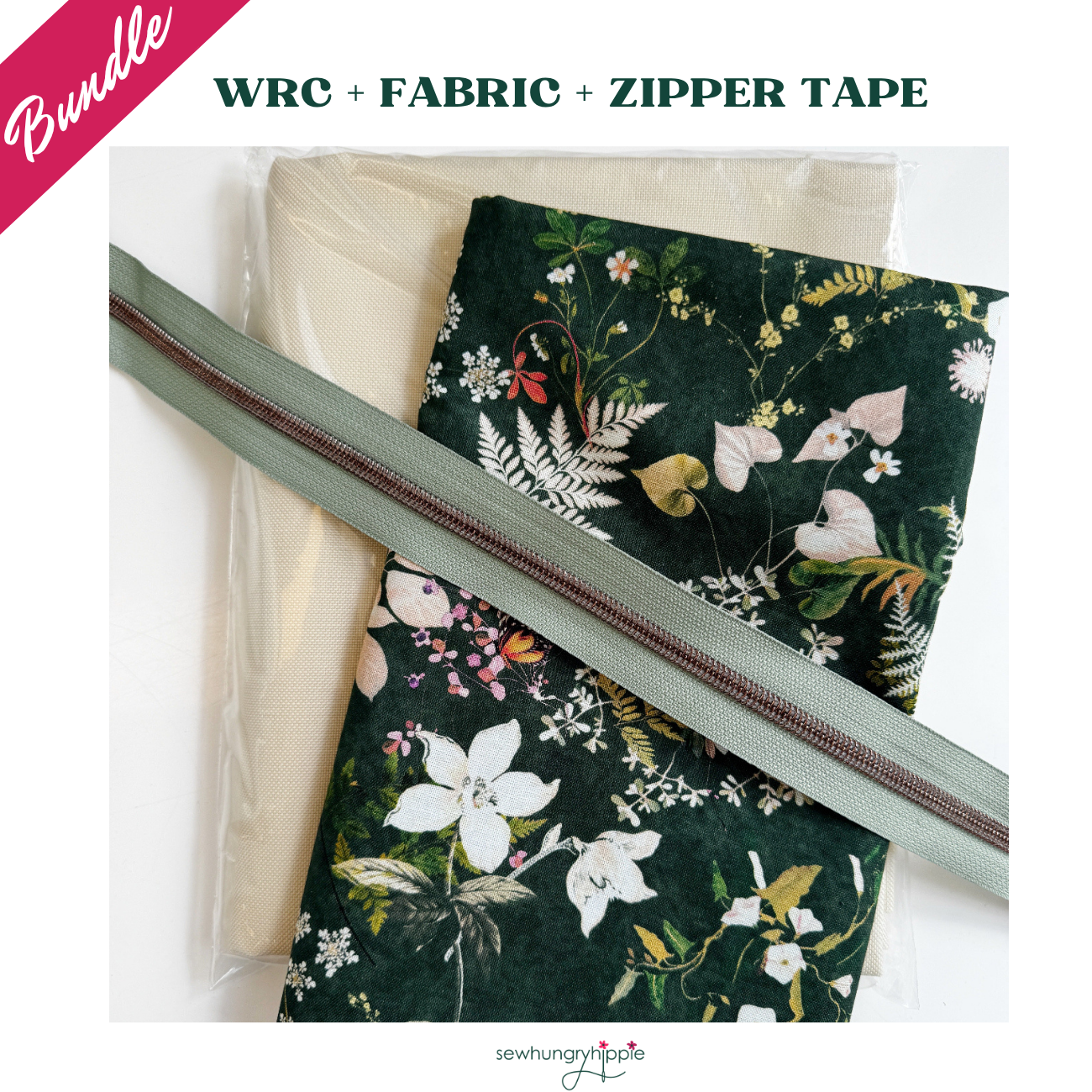 SewHungryHippie bag making bundle featuring dark green floral fabric with white botanical prints, a cream-colored water resistant canvas and a one-yard sage green zipper with metallic teeth laid diagonally across.