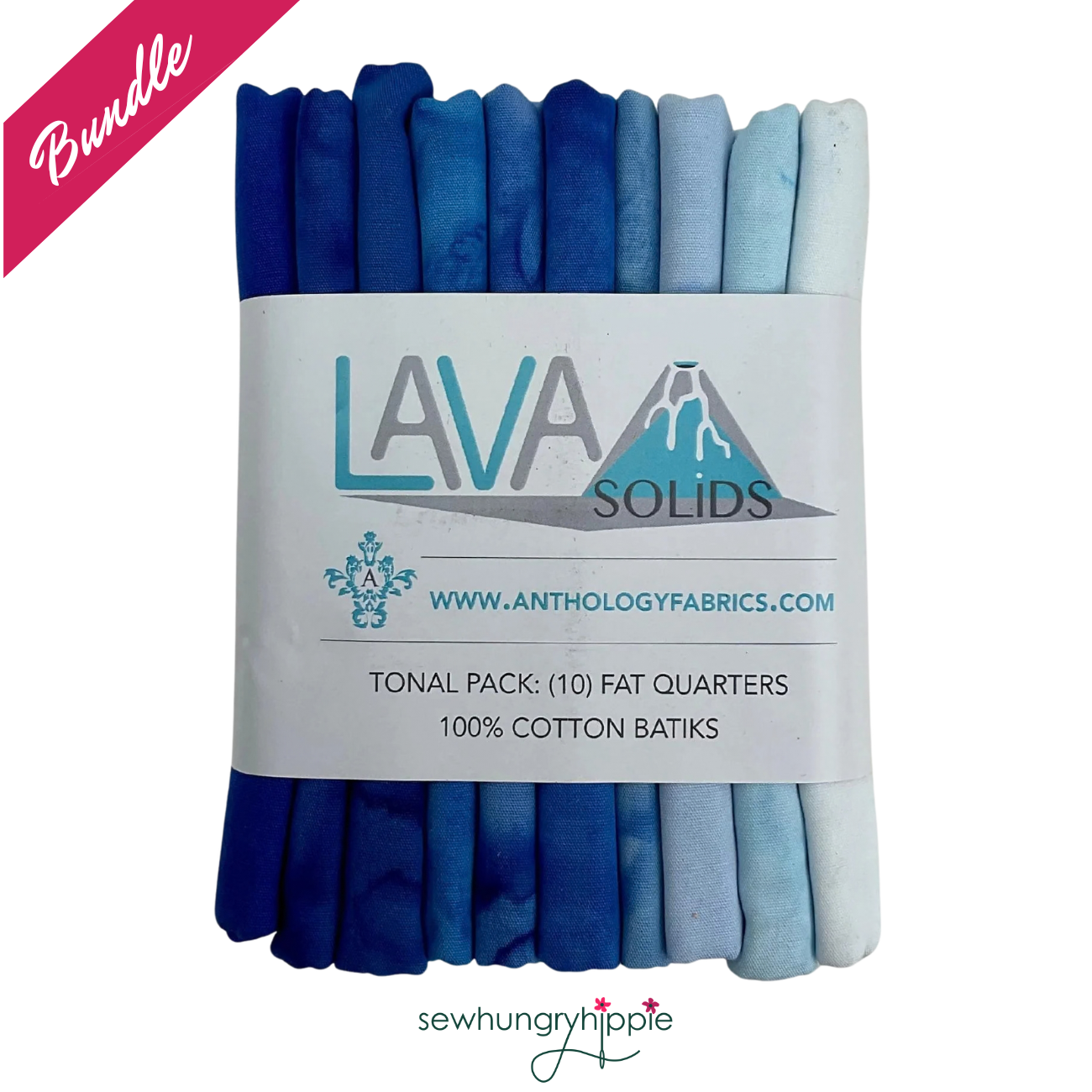 Blue batik cotton fat quarters 10pcs bundle from Lava Solids collection by Windham Fabrics for quilting