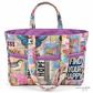 A tote bag with a colorful collage print featuring butterflies, birds, and inspirational text like 'HOPE' and 'FIND YOUR HAPPINESS', accented with purple trim and handles, shown on a white background.