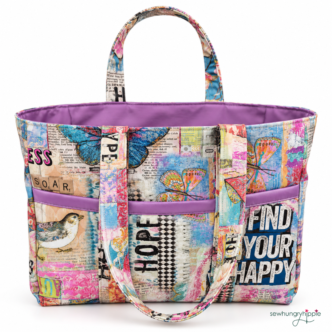 A tote bag with a colorful collage print featuring butterflies, birds, and inspirational text like 'HOPE' and 'FIND YOUR HAPPINESS', accented with purple trim and handles, shown on a white background.