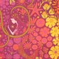 Close up image of Alison Glass Puerto Bloom 108-inch wideback cotton quilt backing fabric i a vibrant psychedelic floral print with pink, orange, yellow, and lime green flowers, flowing pink hair, and a glowing yellow star.