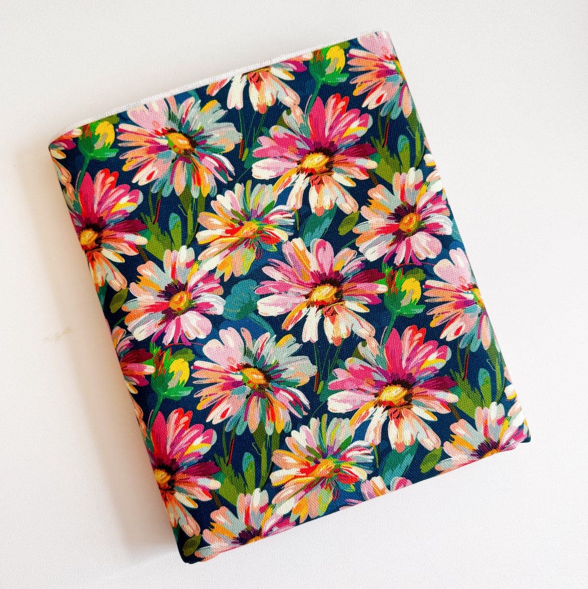 Floral-patterned fabric with colorful flowers on a blue background