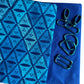 Blue geometric cotton fabric paired with coordinating blue canvas and teal metallic bag hardware for sewing handbags, crossbody bags, totes, and handmade accessories.