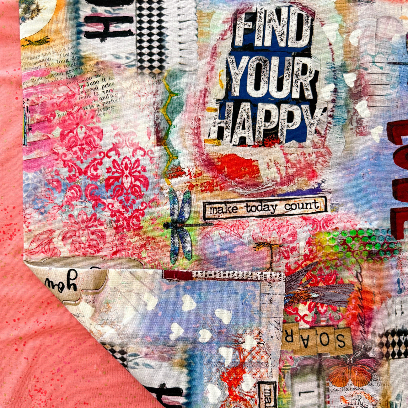 Collage with text 'Find Your Happy' and various patterns on a colorful background