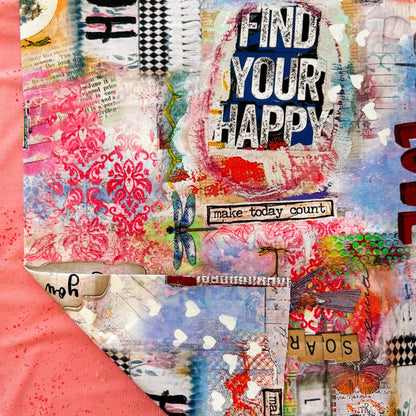 Collage with text 'Find Your Happy' and various patterns on a colorful background