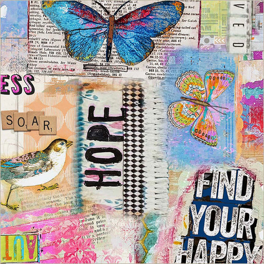 Collage with butterflies, birds, and motivational text on a colorful background
