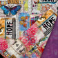 Collage of colorful paper with text and images, including butterflies and the word 'HOPE'.